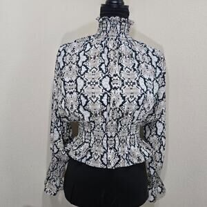 Shinestar Snake Print High Neck Ruffle Blouse Size L
